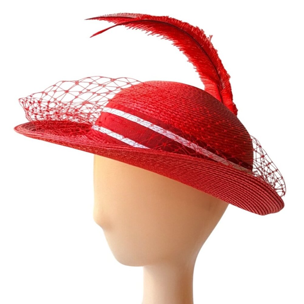 Vintage 50s Red Straw Hat by Sylvia Veil Feather Trim Kentucky Derby Fascinator